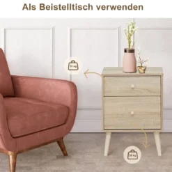 Nachttisch mit 2 Schubladen Beistelltisch Nachtkommode Nachtschrank Eiche