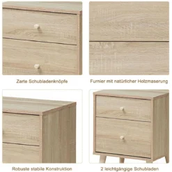 Nachttisch mit 2 Schubladen Beistelltisch Nachtkommode Nachtschrank Eiche