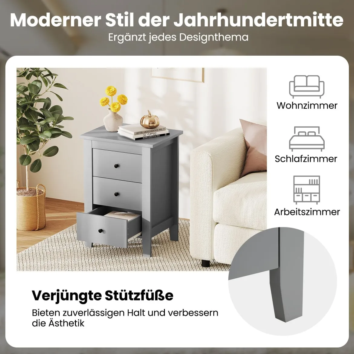 Nachttisch mit 3 Schubladen Großer Stauraum & Stabile Struktur Nachttisch Grau