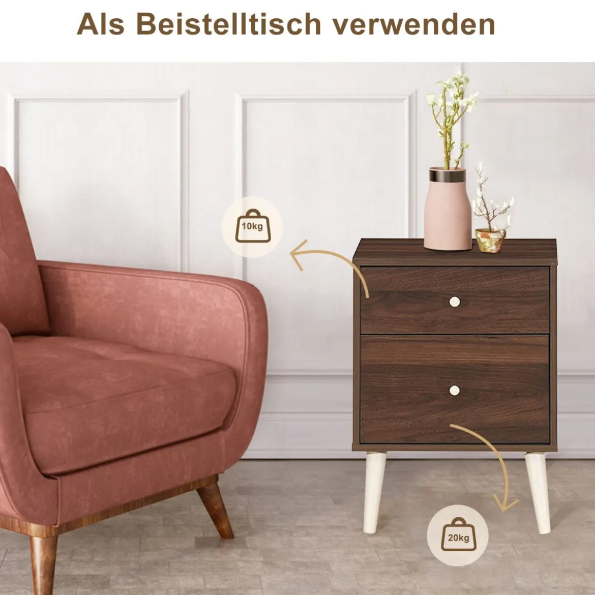 Nachttisch mit 2 Schubladen Holzkommode Beistelltisch 45 x 39,5 x 62 cm Eiche