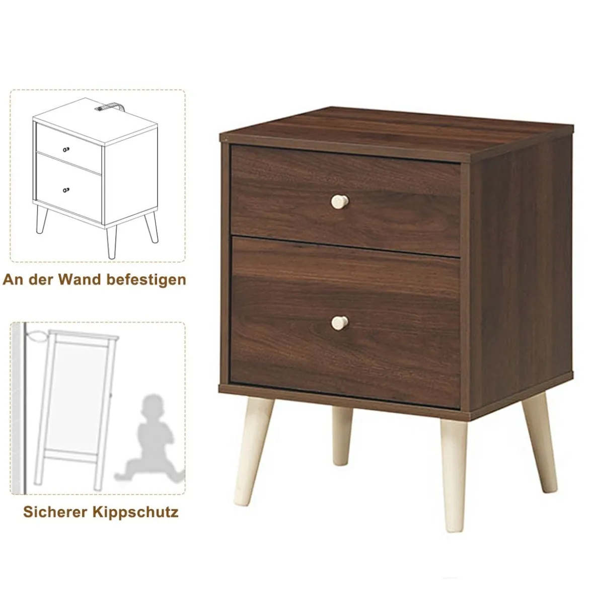 Nachttisch mit 2 Schubladen Holzkommode Beistelltisch 45 x 39,5 x 62 cm Eiche