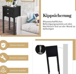 Nachttisch mit 2 Schubladen & Kippsicherung Moderner Beistelltisch 40 x 32 x 75 cm Schwarz