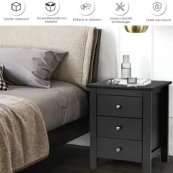 Nachttisch mit 3 Schubladen Nachtschrank für Boxspringbett 46 x 37 x 65 cm Schwarz