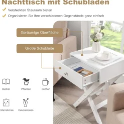 Nachttisch mit Schubladen und X-förmiger Basis Nachtkommode Nachtschrank Beistelltisch Weiß