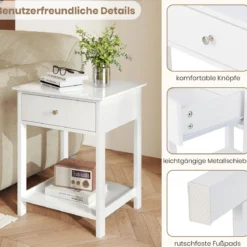 Nachttisch mit Schublade & Offenem Regal Beistelltisch Nachtschrank Nachtkonsole Weiß