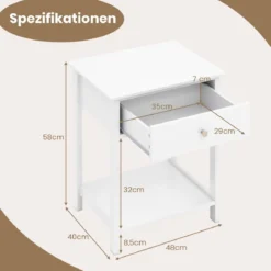Nachttisch mit Schublade & Offenem Regal Beistelltisch Nachtschrank Nachtkonsole Weiß