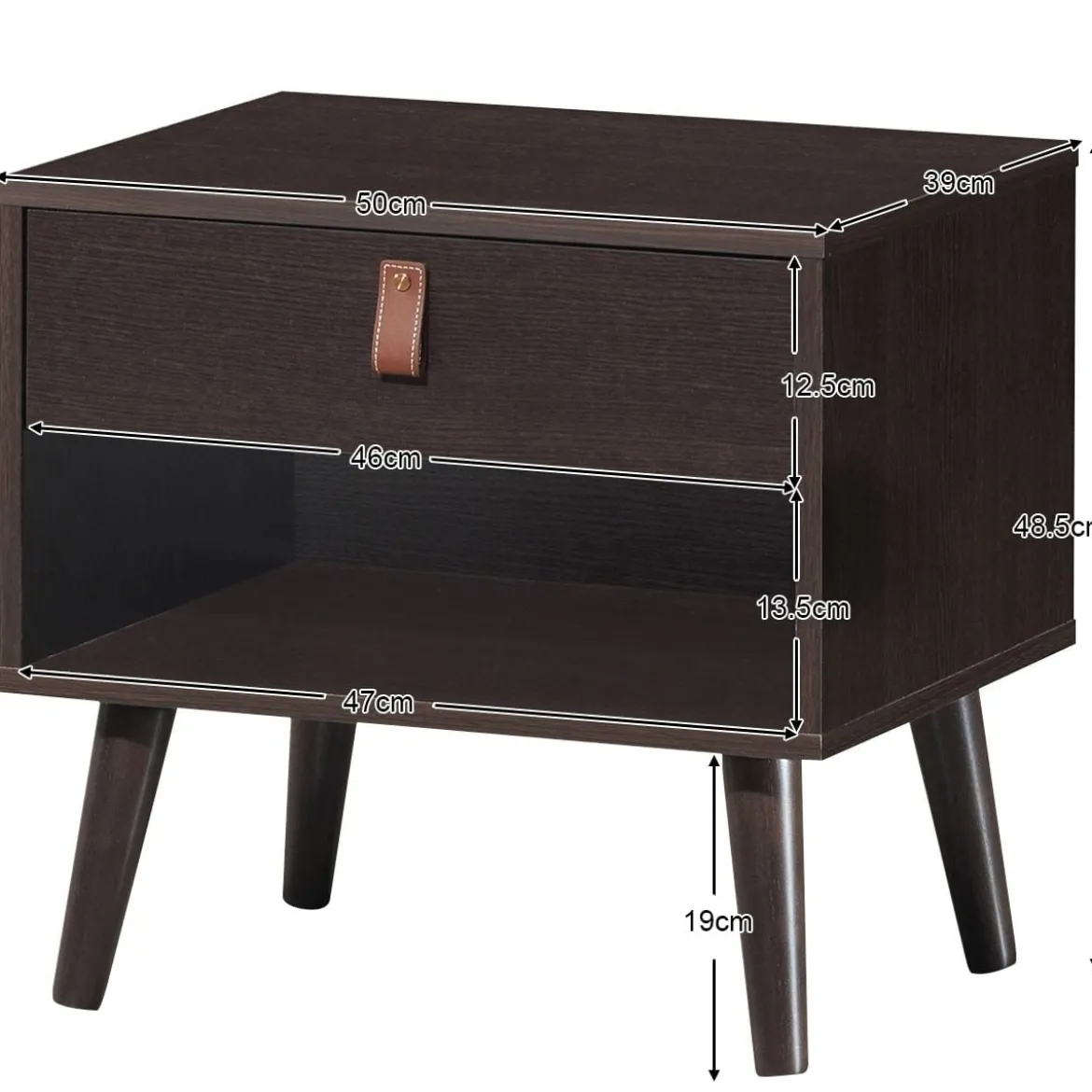 Nachttisch mit Schublade und Regal Beistelltisch mit starken Holzbeinen Nachttisch Retro-Design Braun