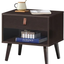 Nachttisch mit Schublade und Regal Beistelltisch mit starken Holzbeinen Nachttisch Retro-Design Braun