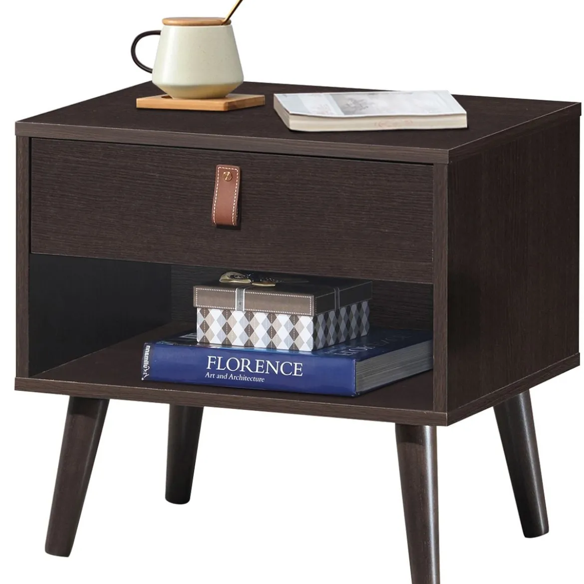 Nachttisch mit Schublade und Regal Beistelltisch mit starken Holzbeinen Nachttisch Retro-Design Braun