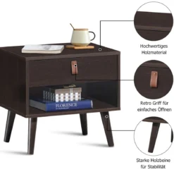 Nachttisch mit Schublade und Regal Beistelltisch mit starken Holzbeinen Nachttisch Retro-Design Braun