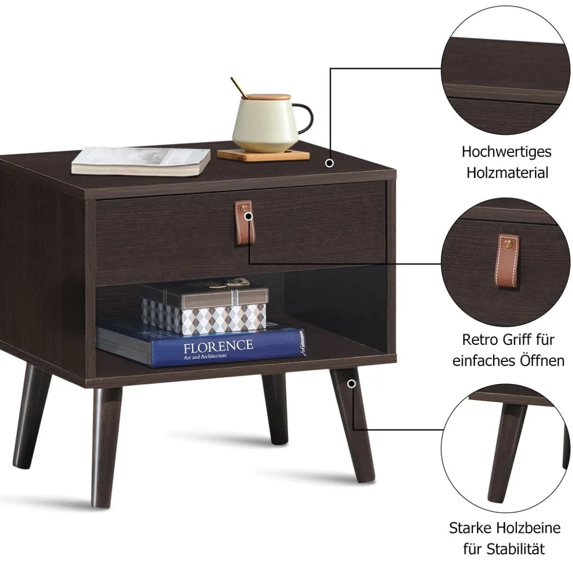Nachttisch mit Schublade und Regal Beistelltisch mit starken Holzbeinen Nachttisch Retro-Design Braun
