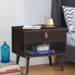 Nachttisch mit Schublade und Regal Beistelltisch mit starken Holzbeinen Nachttisch Retro-Design Braun