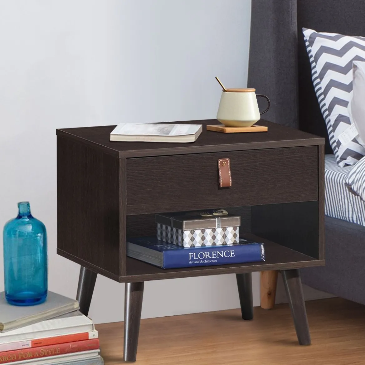 Nachttisch mit Schublade und Regal Beistelltisch mit starken Holzbeinen Nachttisch Retro-Design Braun