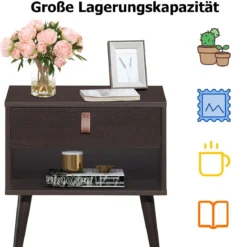 Nachttisch mit Schublade und Regal Beistelltisch mit starken Holzbeinen Nachttisch Retro-Design Braun