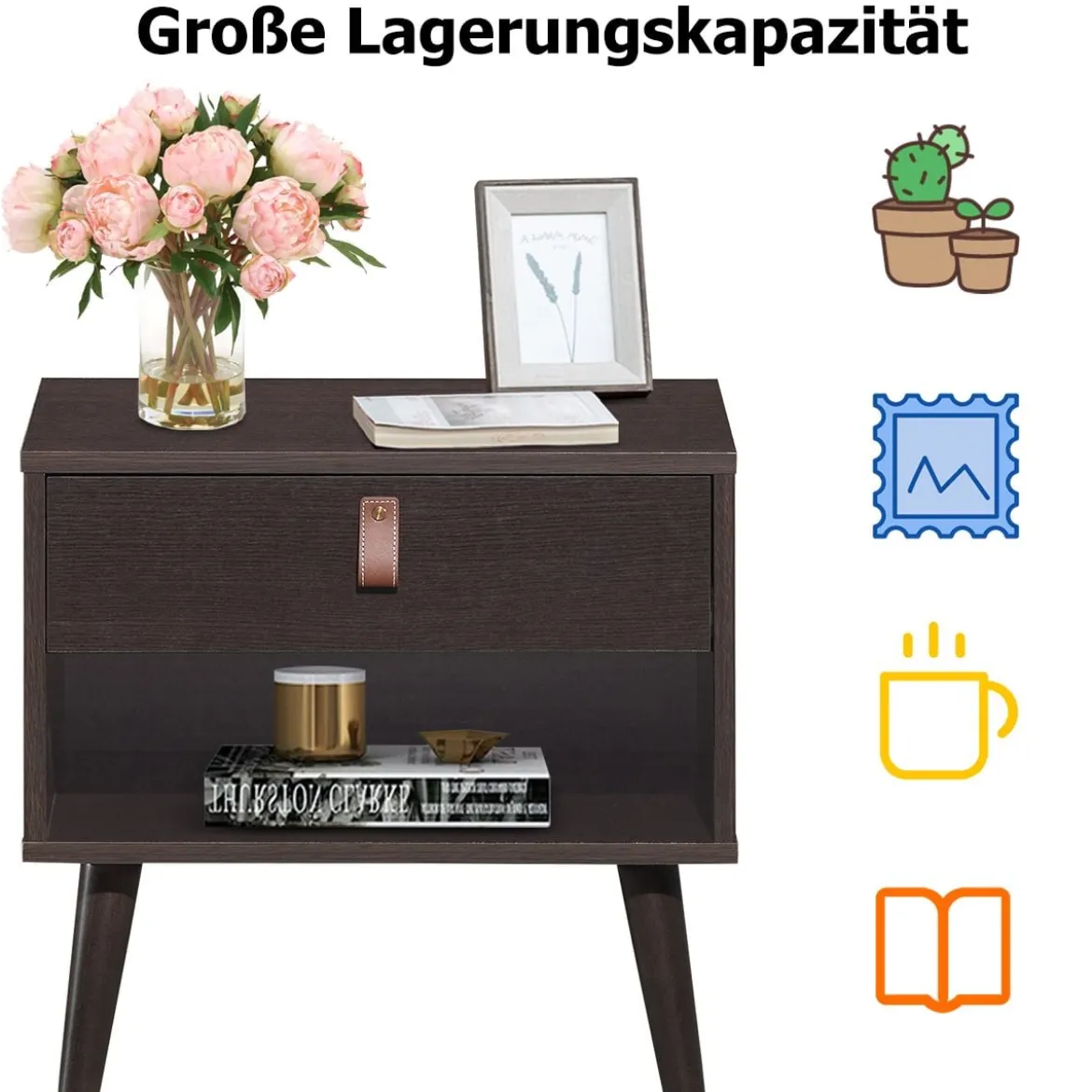Nachttisch mit Schublade und Regal Beistelltisch mit starken Holzbeinen Nachttisch Retro-Design Braun