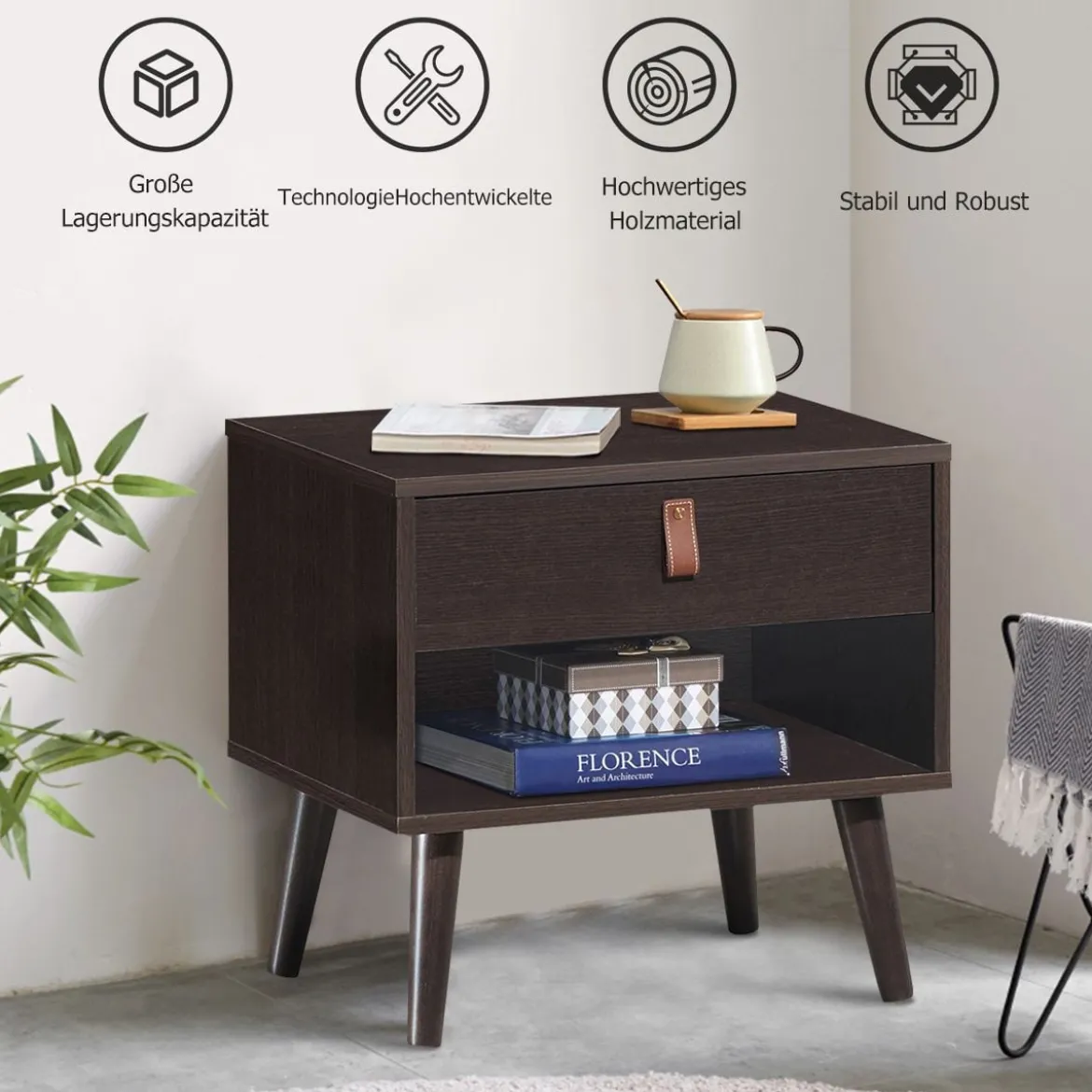 Nachttisch mit Schublade und Regal Beistelltisch mit starken Holzbeinen Nachttisch Retro-Design Braun