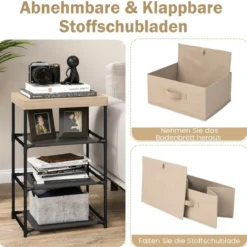 Nachttisch mit Stoffschubladen Beistelltisch mit Metallrahmen Stoffkommode Kleiderkommode