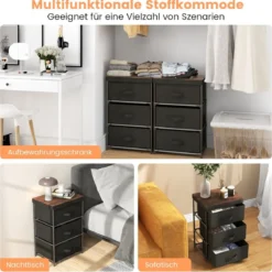 Nachttisch mit Stoffschubladen Beistelltisch mit Metallrahmen Stoffkommode Kleiderkommode