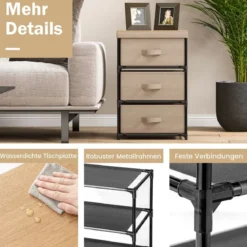 Nachttisch mit Stoffschubladen Beistelltisch mit Metallrahmen Stoffkommode Kleiderkommode