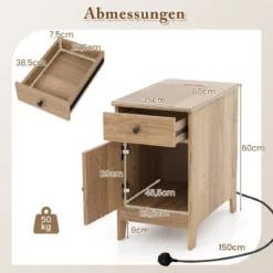 Nachttisch mit USB-Anschlüssen & Steckdosen & Zeitschriftenständer Beistelltisch Ablagetisch