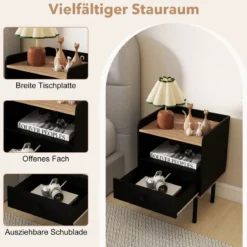 Nachttisch Nachttisch mit Schublade & offenem Ablagefach moderner Sofatisch mit Metallbeinen Schwarz