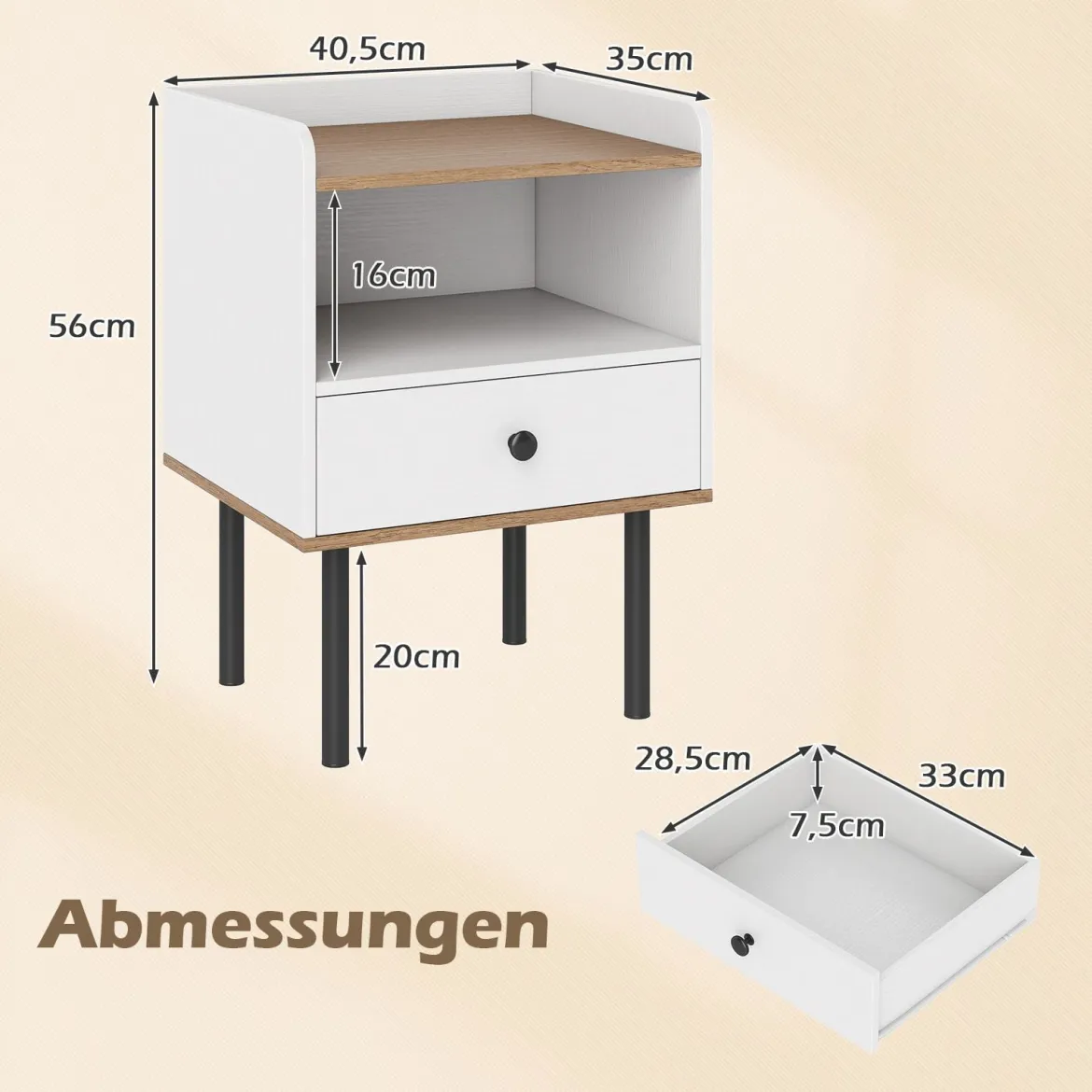 Nachttisch Nachttisch mit Schublade & offenem Ablagefach moderner Sofatisch mit Metallbeinen Weiß