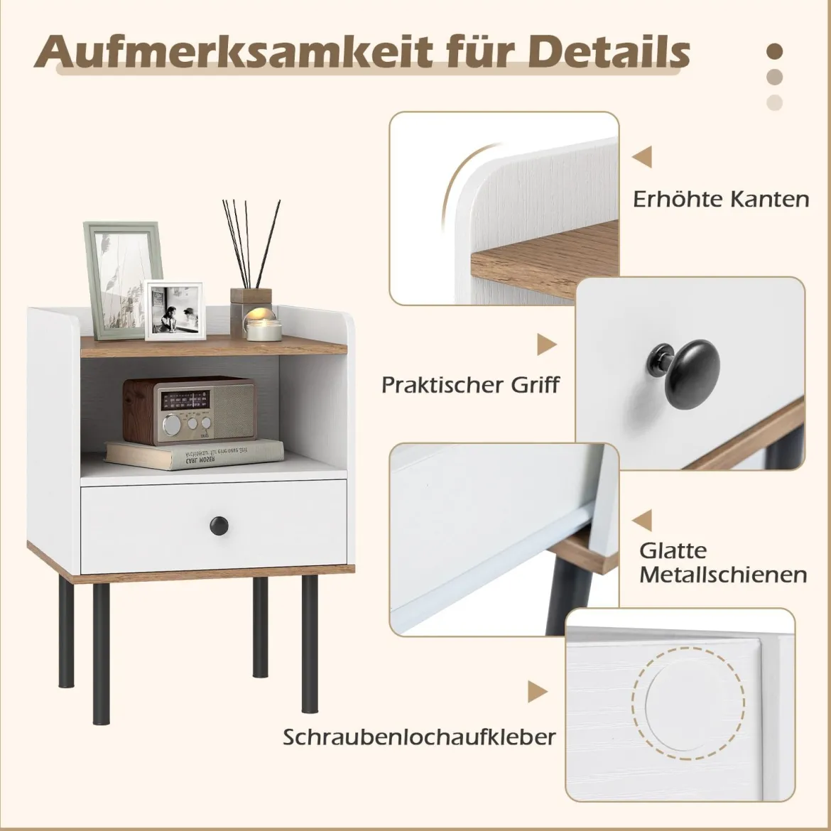 Nachttisch Nachttisch mit Schublade & offenem Ablagefach moderner Sofatisch mit Metallbeinen Weiß