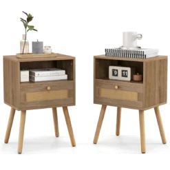 Nachttisch Rattan 2er Set Nachtschrank mit Schublade & offenem Fach 40 x 30 x 60,5 cm
