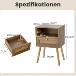 Nachttisch Rattan 2er Set Nachtschrank mit Schublade & offenem Fach 40 x 30 x 60,5 cm