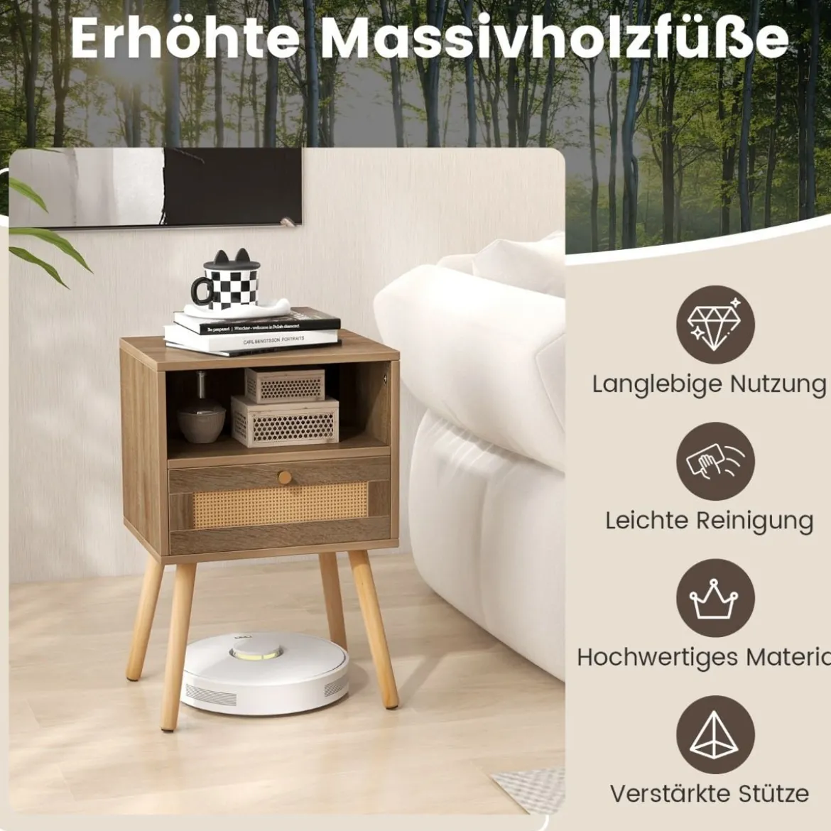 Nachttisch Rattan 2er Set Nachtschrank mit Schublade & offenem Fach 40 x 30 x 60,5 cm