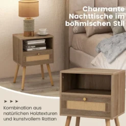 Nachttisch Rattan 2er Set Nachtschrank mit Schublade & offenem Fach 40 x 30 x 60,5 cm