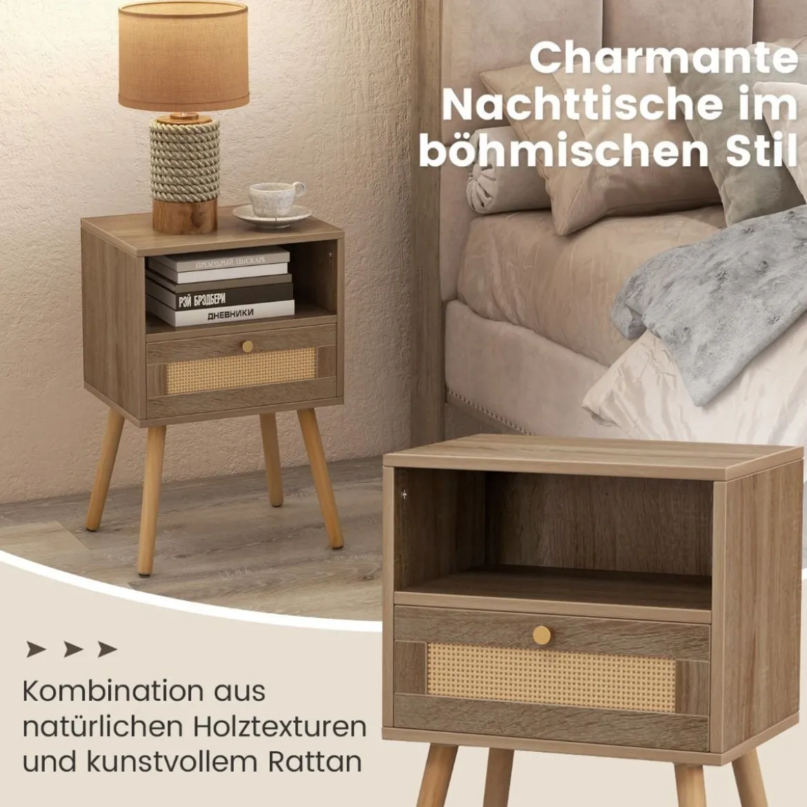 Nachttisch Rattan 2er Set Nachtschrank mit Schublade & offenem Fach 40 x 30 x 60,5 cm