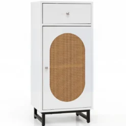 Nachttisch Rattan mit Tür & Schublade Boho Beistelltisch mit Verstellbaren Regal 40 x 30 x 91cm Weiß