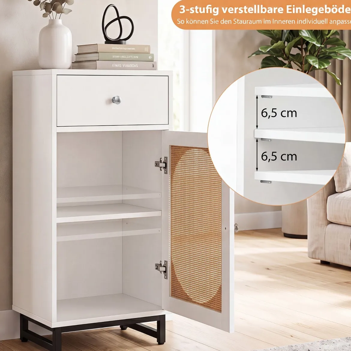 Nachttisch Rattan mit Tür & Schublade Boho Beistelltisch mit Verstellbaren Regal 40 x 30 x 91cm Weiß
