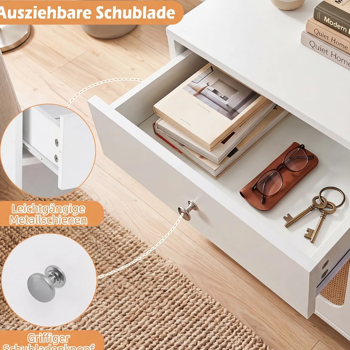 Nachttisch Rattan mit Tür & Schublade Boho Beistelltisch mit Verstellbaren Regal 40 x 30 x 91cm Weiß