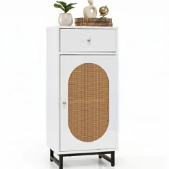 Nachttisch Rattan mit Tür & Schublade Boho Beistelltisch mit Verstellbaren Regal 40 x 30 x 91cm Weiß