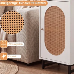 Nachttisch Rattan mit Tür & Schublade Boho Beistelltisch mit Verstellbaren Regal 40 x 30 x 91cm Weiß