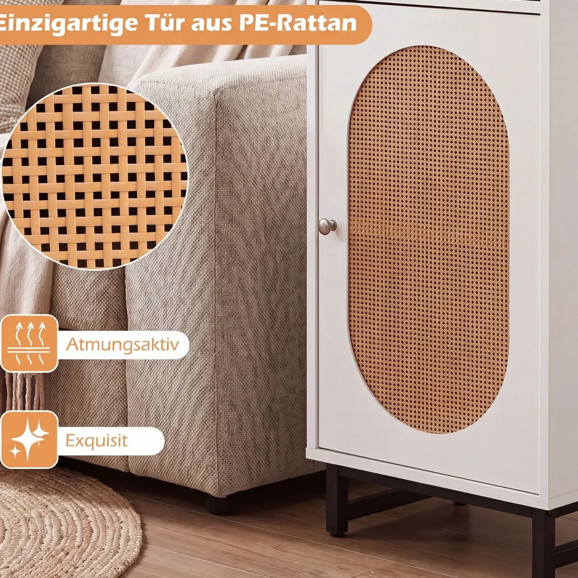 Nachttisch Rattan mit Tür & Schublade Boho Beistelltisch mit Verstellbaren Regal 40 x 30 x 91cm Weiß