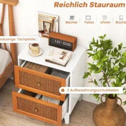 Nachttisch Rattan Nachtschrank mit 2 Schubladen Beistelltisch mit Massivholzbeinen 46 x 33 x 59,5 cm Weiß + Braun