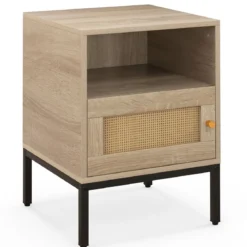 Nachttisch Rattan Nachtschrank mit offenem Regal und Schrank 40 x 40 x 57 cm Natur
