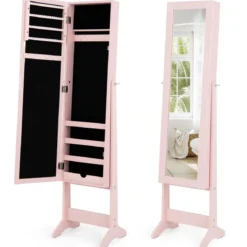 Neigungsverstellbarer Schmuckschrank mit Ganzkörperspiegel Schmuckregal Spiegelschrank Pink