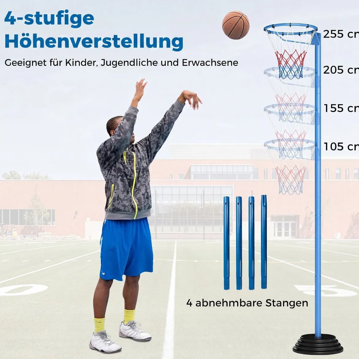 Netball-Torpfosten Freistehender Basketballkorb mit Höhenverstellbarem Pfosten von 105-255 cm