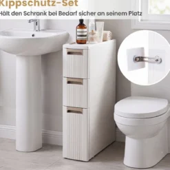 Nischenschrank Schmal mit Rollen & 3 Schubladen Badrollwagen 18 x 45,5 x 76 cm Beige