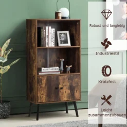 Nostalgie Bücherregal mit 3 Regalbrettern & 2 Türen & Soliden Holzbeinen für Wohnzimmer Büro Braun