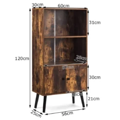 Nostalgie Bücherregal mit 3 Regalbrettern & 2 Türen & Soliden Holzbeinen für Wohnzimmer Büro Braun