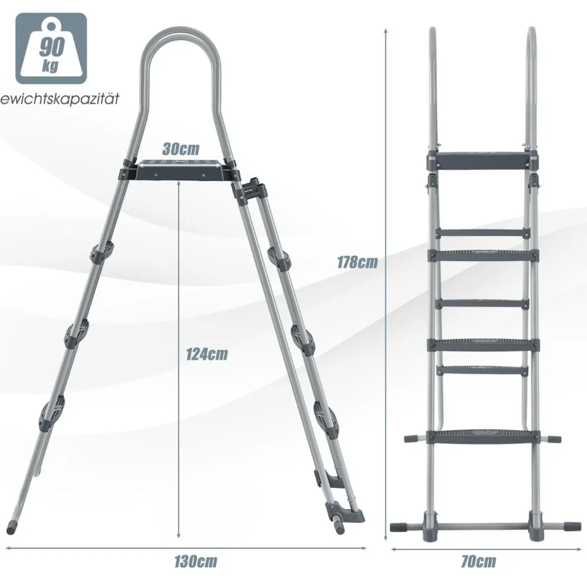 Oberirdische Poolleiter in A Rahmen mit Abnehmbaren Stufen für 122 cm Wandhöhe Silber