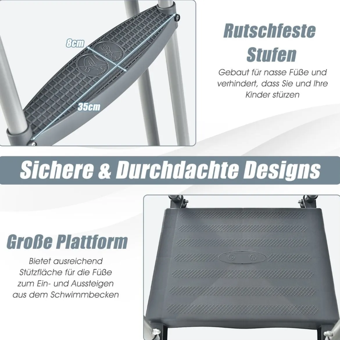 Oberirdische Poolleiter in A Rahmen mit Abnehmbaren Stufen für 122 cm Wandhöhe Silber
