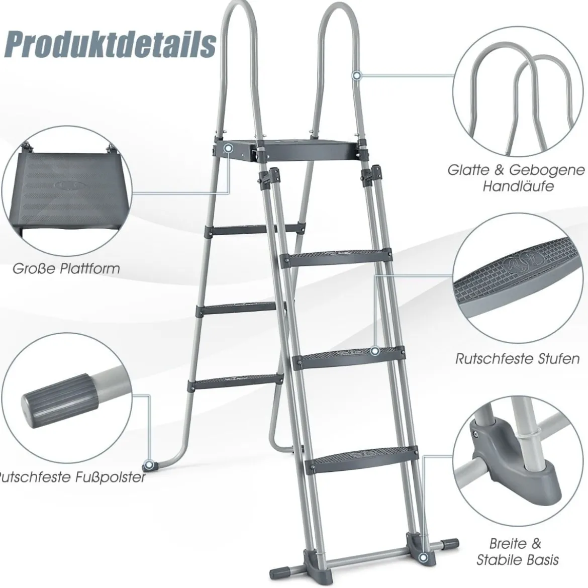 Oberirdische Poolleiter in A Rahmen mit Abnehmbaren Stufen für 122 cm Wandhöhe Silber