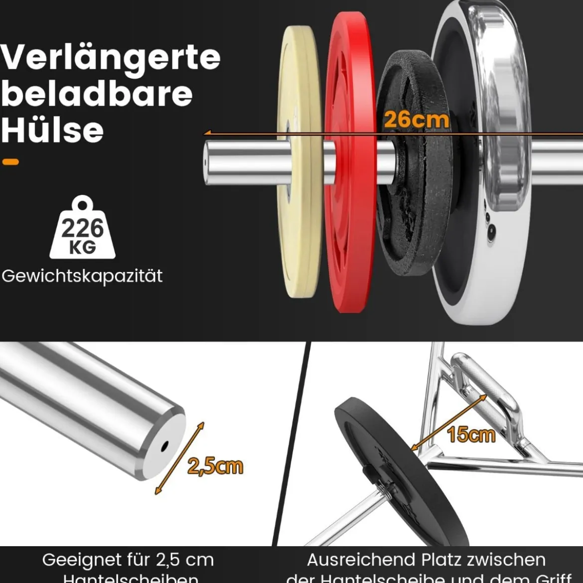 Olympische Sechskant-Fangstange robuste Langhantel-Fangstange mit Flachen bis 226 kg Belastbar