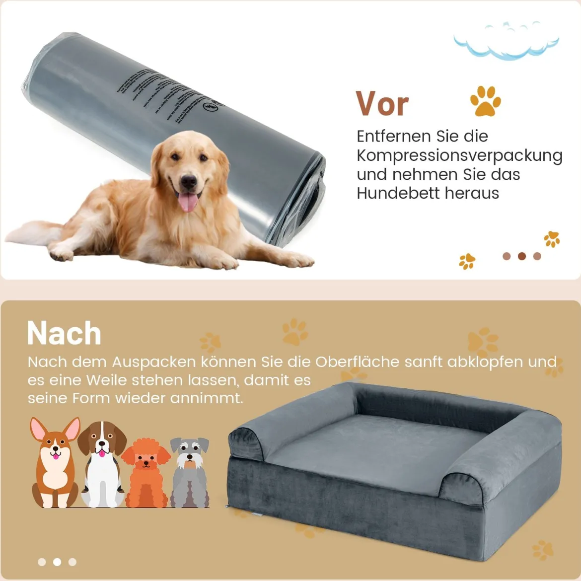 Orthopädisches Hundebett für Arthritis & ältere Hunde Haustierbett mit Kopfstütze abnehmbarer waschbarer Bezug Grau